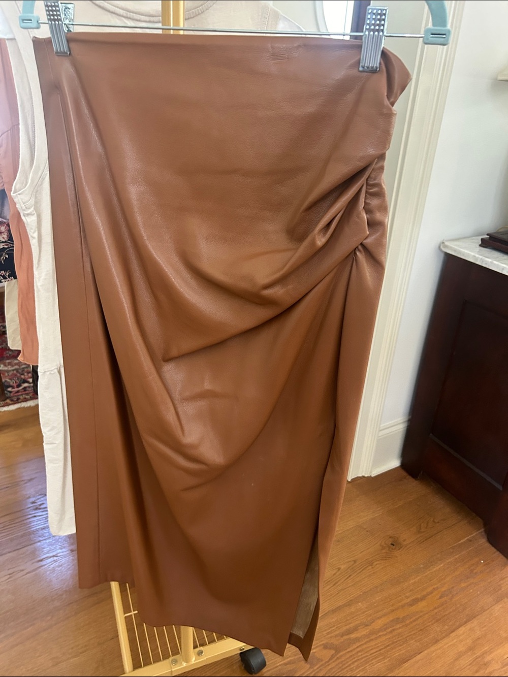 Love Token Chestnut Faux Leather Midi Skirt with Draped Front